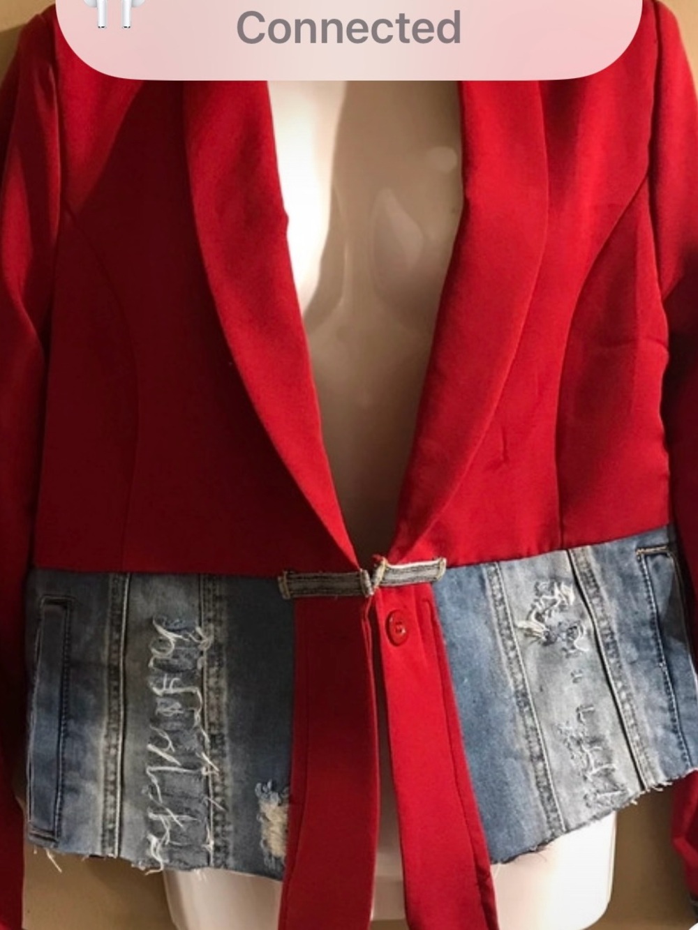 Red Women's Blazer with Distressed Denim Trim